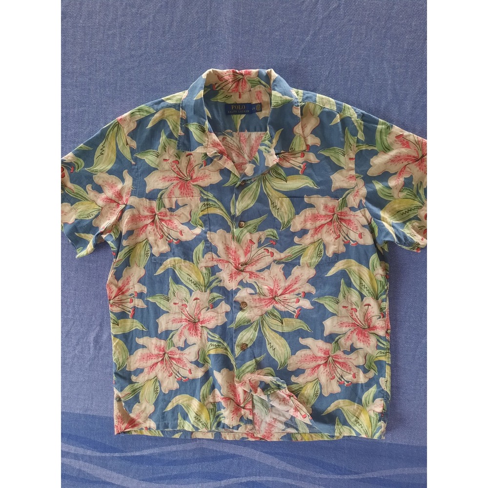 Polo Ralph Lauren Men Large AllOver Tropical Lily Floral Linen Cotton Camp Shirt